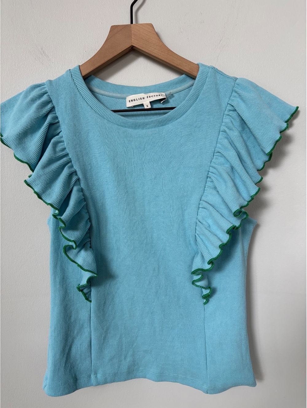English Factory Contrast Merrow Detail Ruffled Knit Top in Powder Blue, Size S
